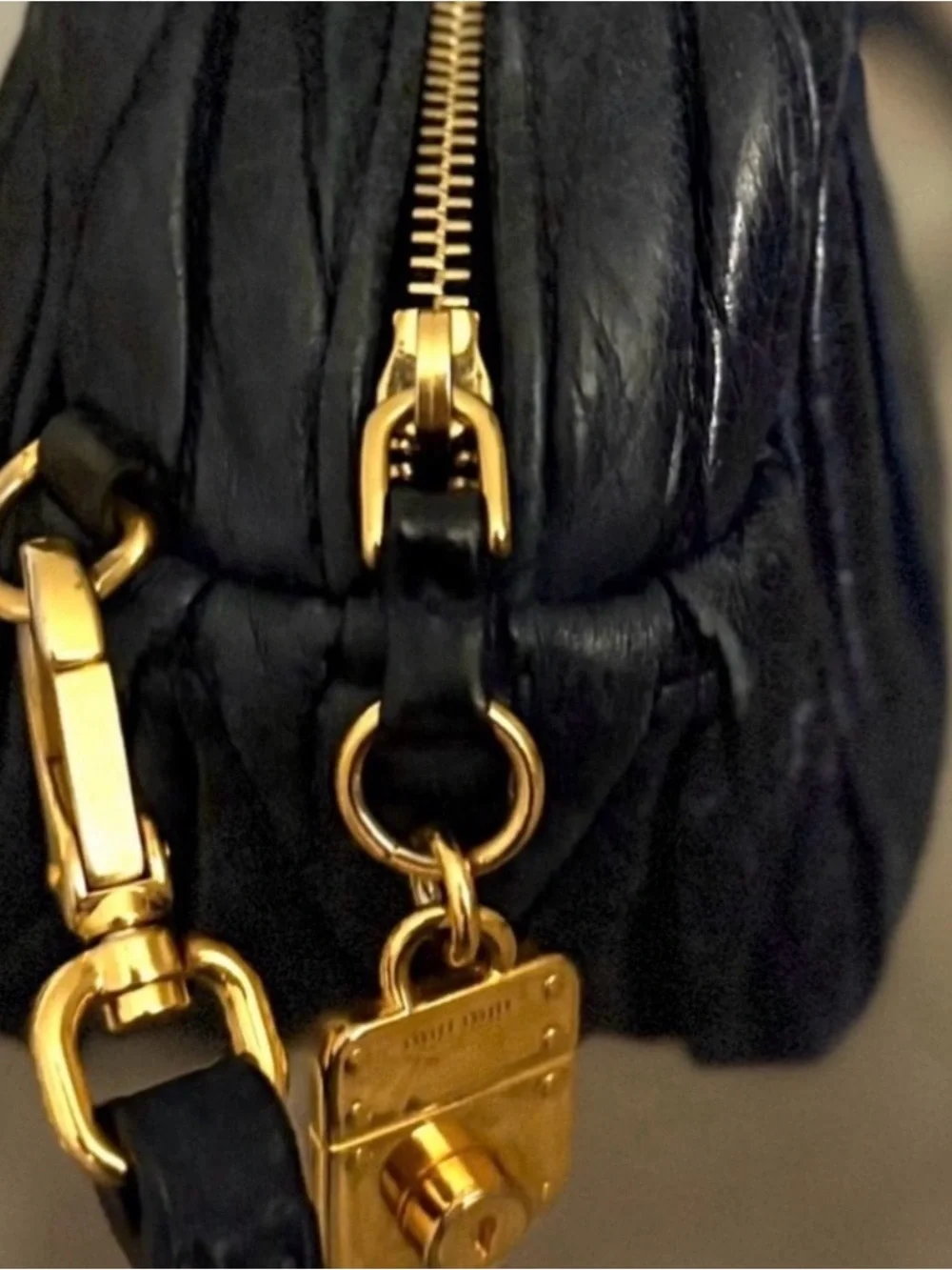 Miu Miu Quilted Navy Leather Crossbody with Gold Hardware